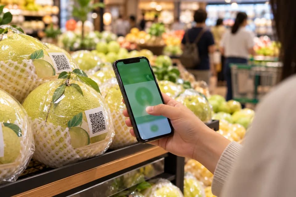 Người mua dùng điện thoại quét tem QR trên bưởi đóng gói ở quầy nông sản siêu thị
